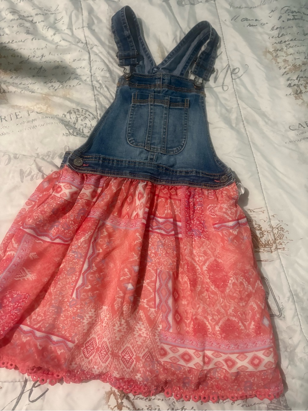 Jordache Denim Overall Dress with Coral and Pink Printed Skirt size 7-8